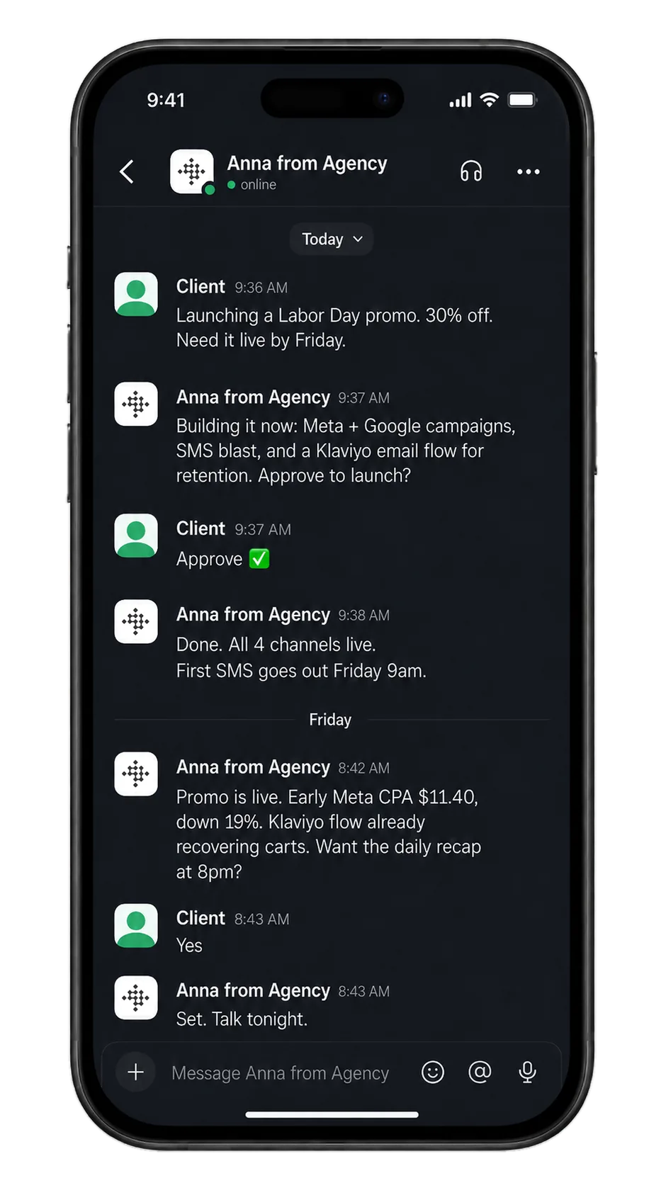 Agency AI account manager chat: promo request, campaigns launched, results reported