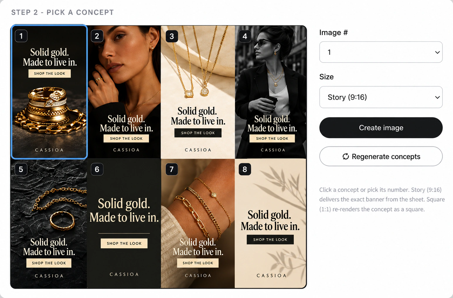 Genie concept sheet: eight jewelry banner concepts, with concept 1 selected and size options for Story and Square