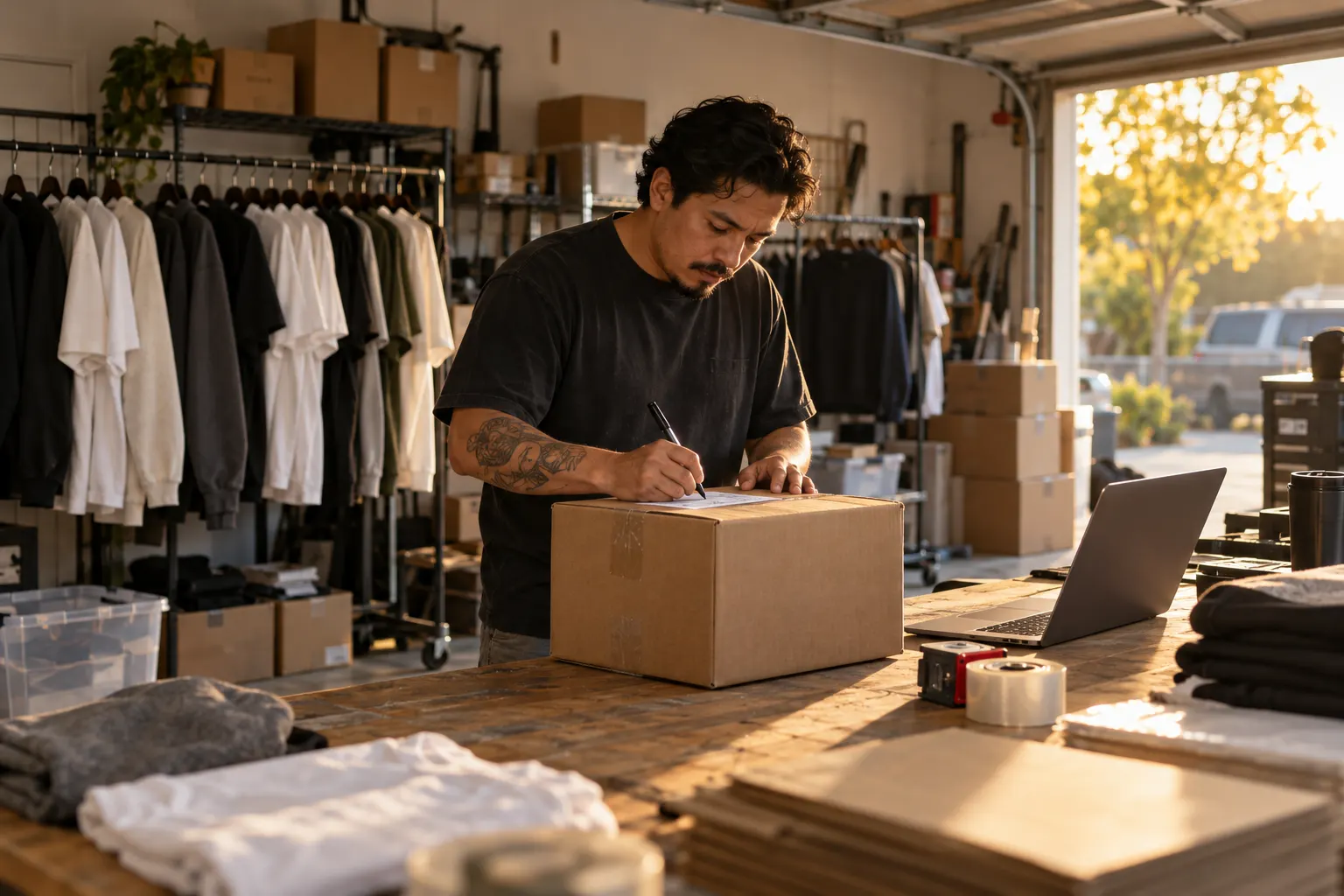 Store owner labeling a shipping box in a garage studio with clothing racks
