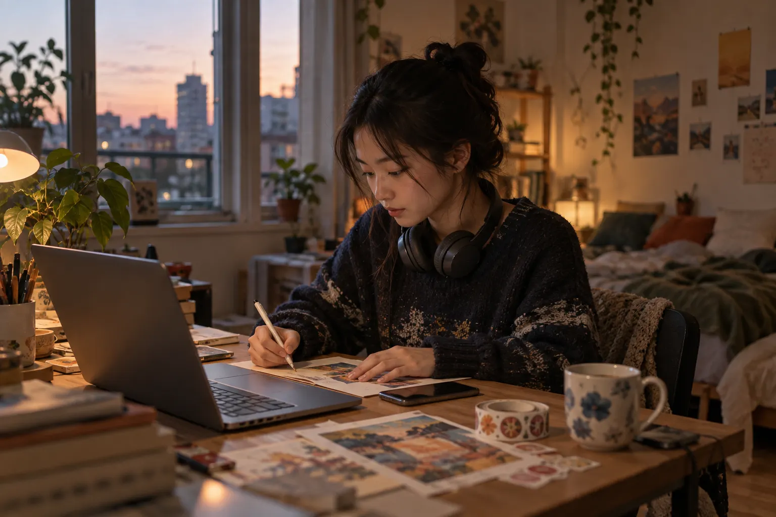 Young store owner working on sticker designs at her apartment desk at dusk