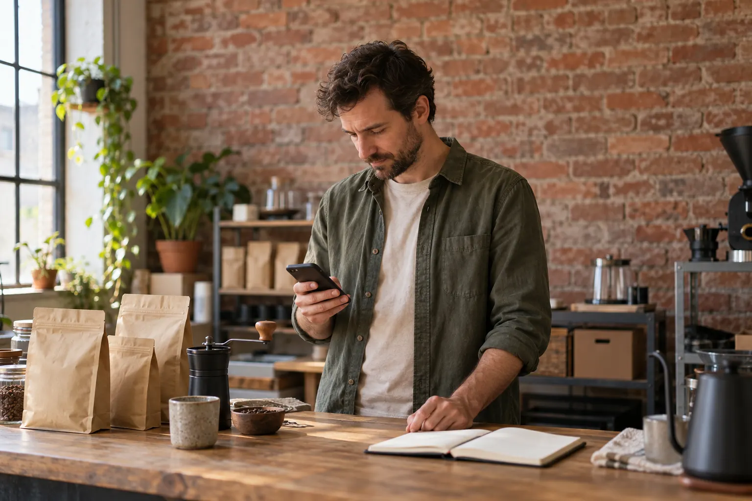 Store owner checking his phone at the counter of his coffee studio